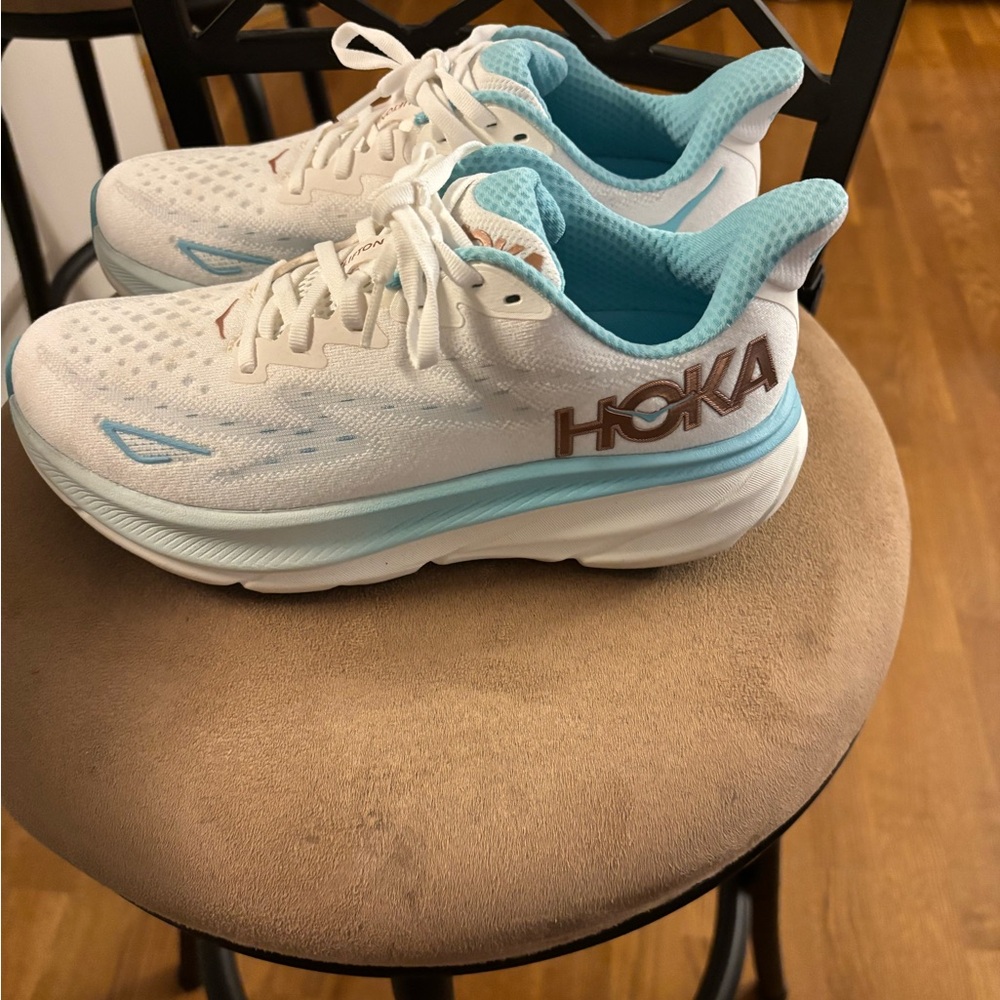 Hoka White and Light Blue Athletic Shoes